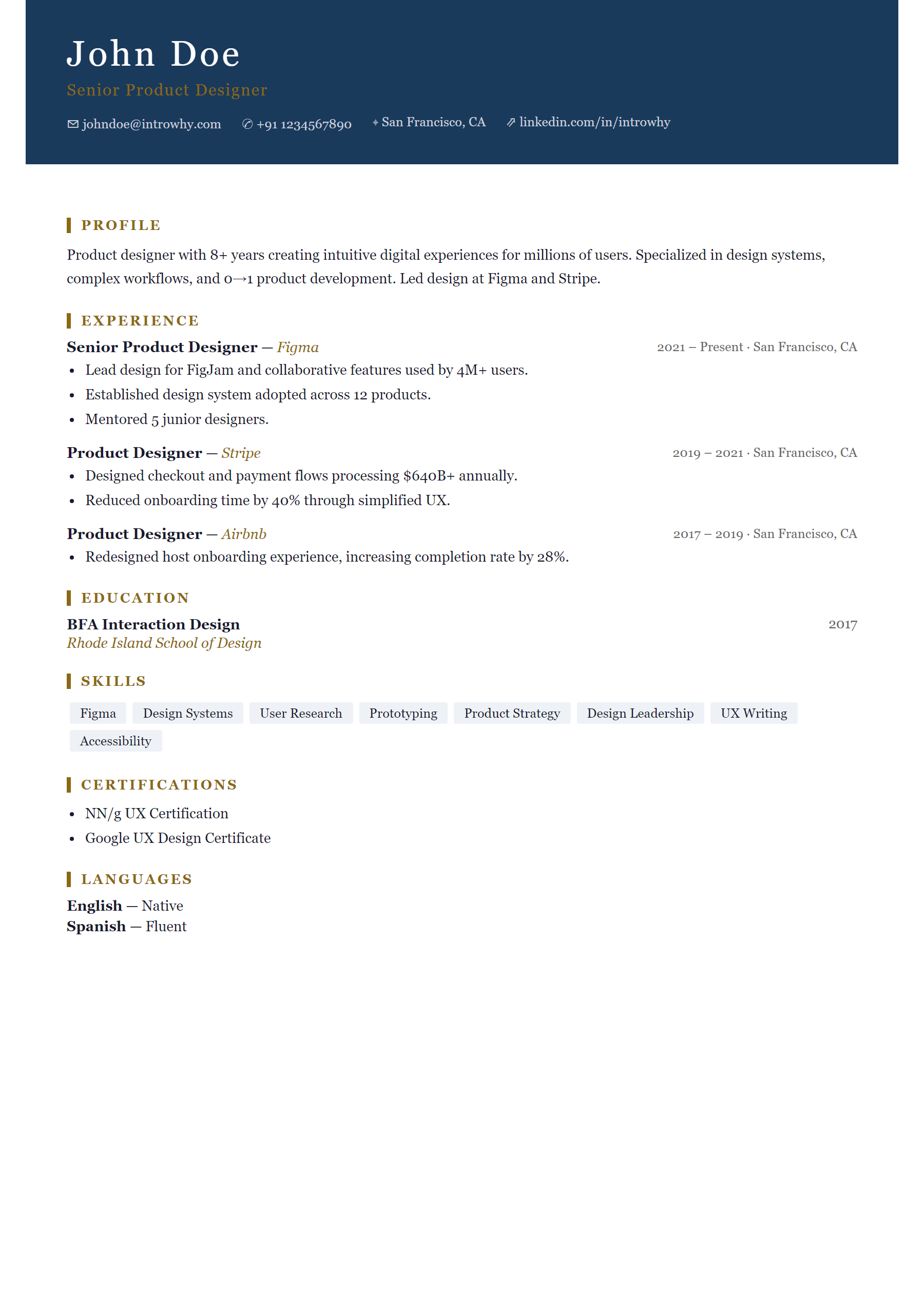Executive Navy resume template — full preview