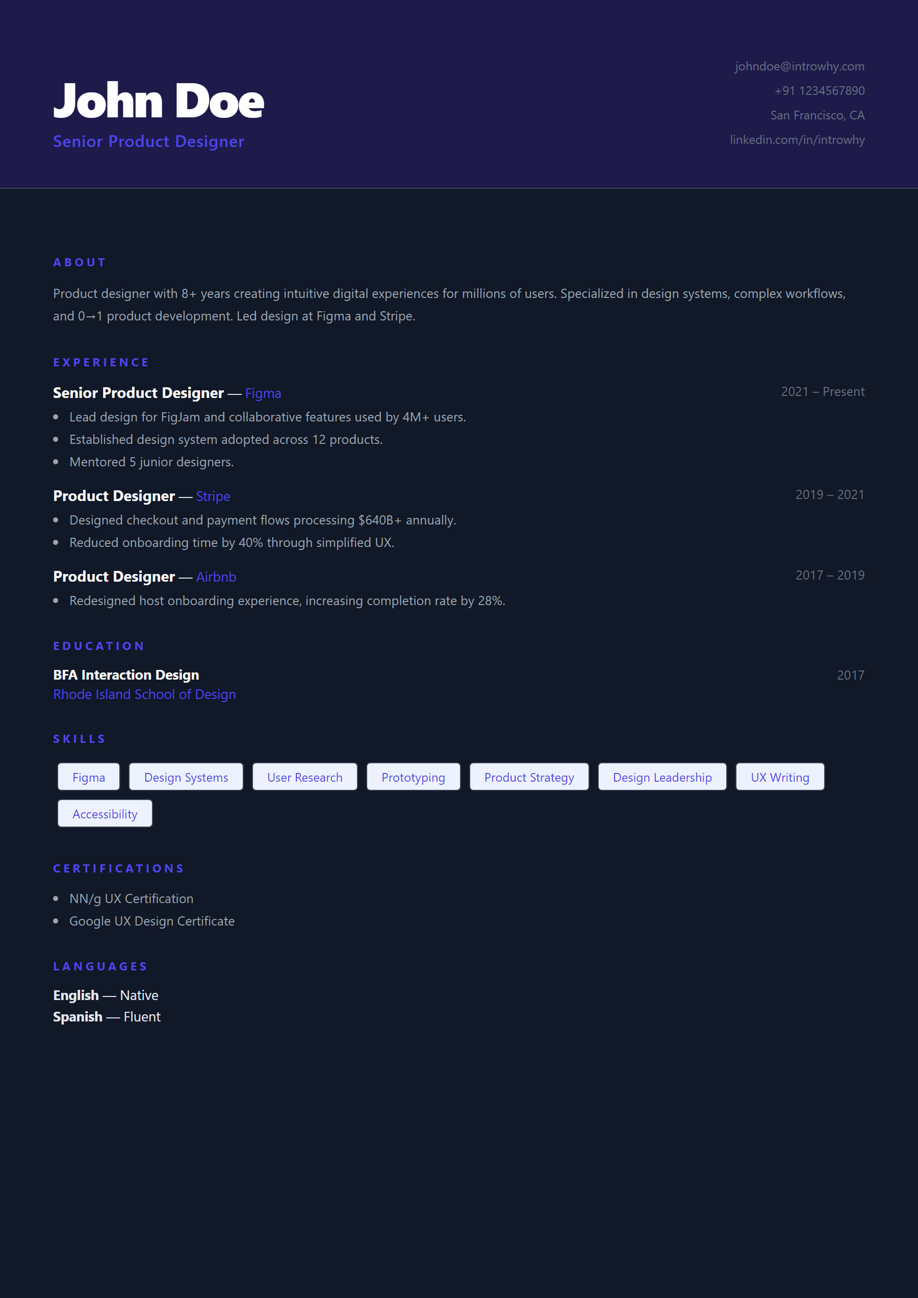 Portfolio Dark resume template — full preview