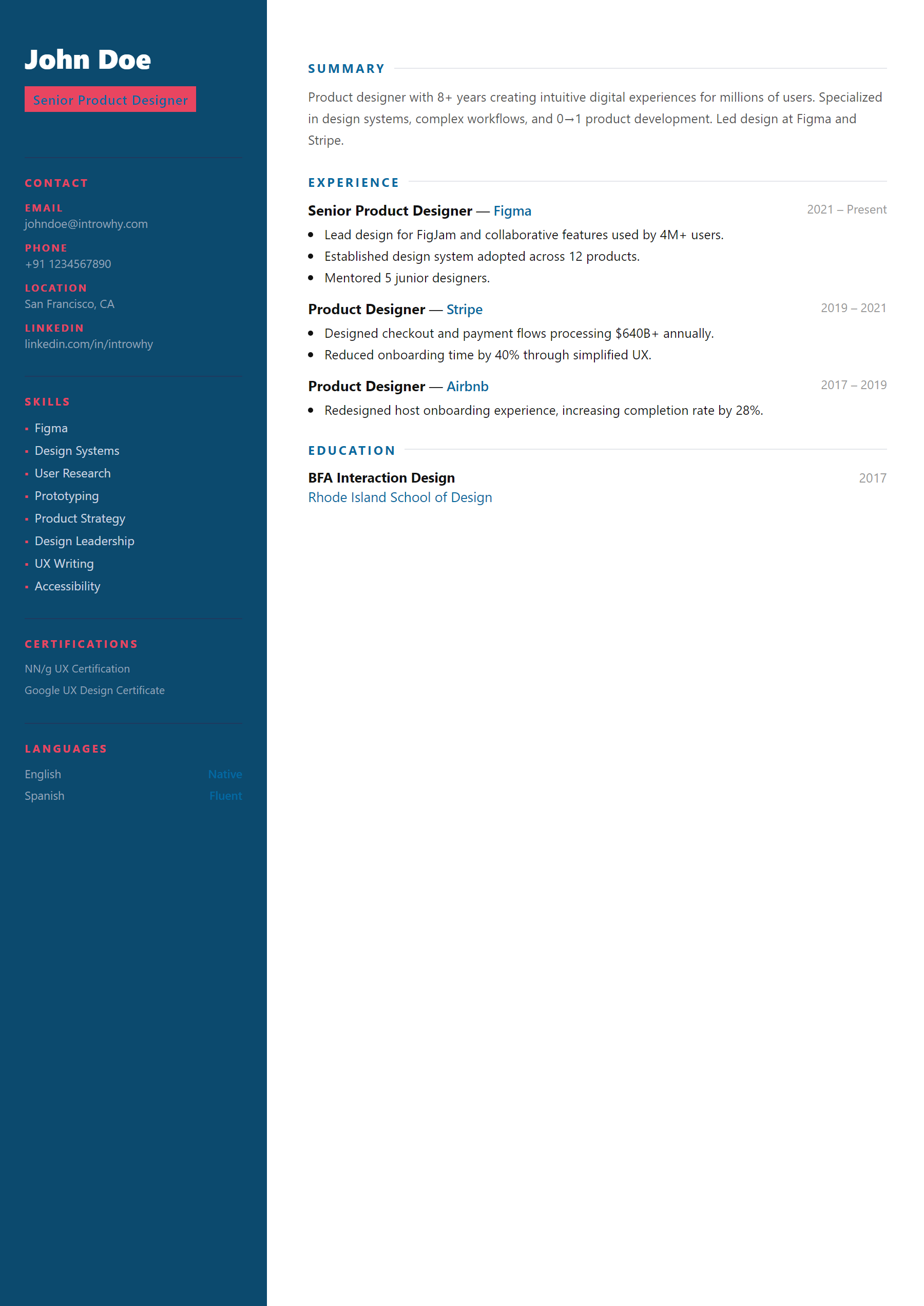 Color Block Left resume template — full preview