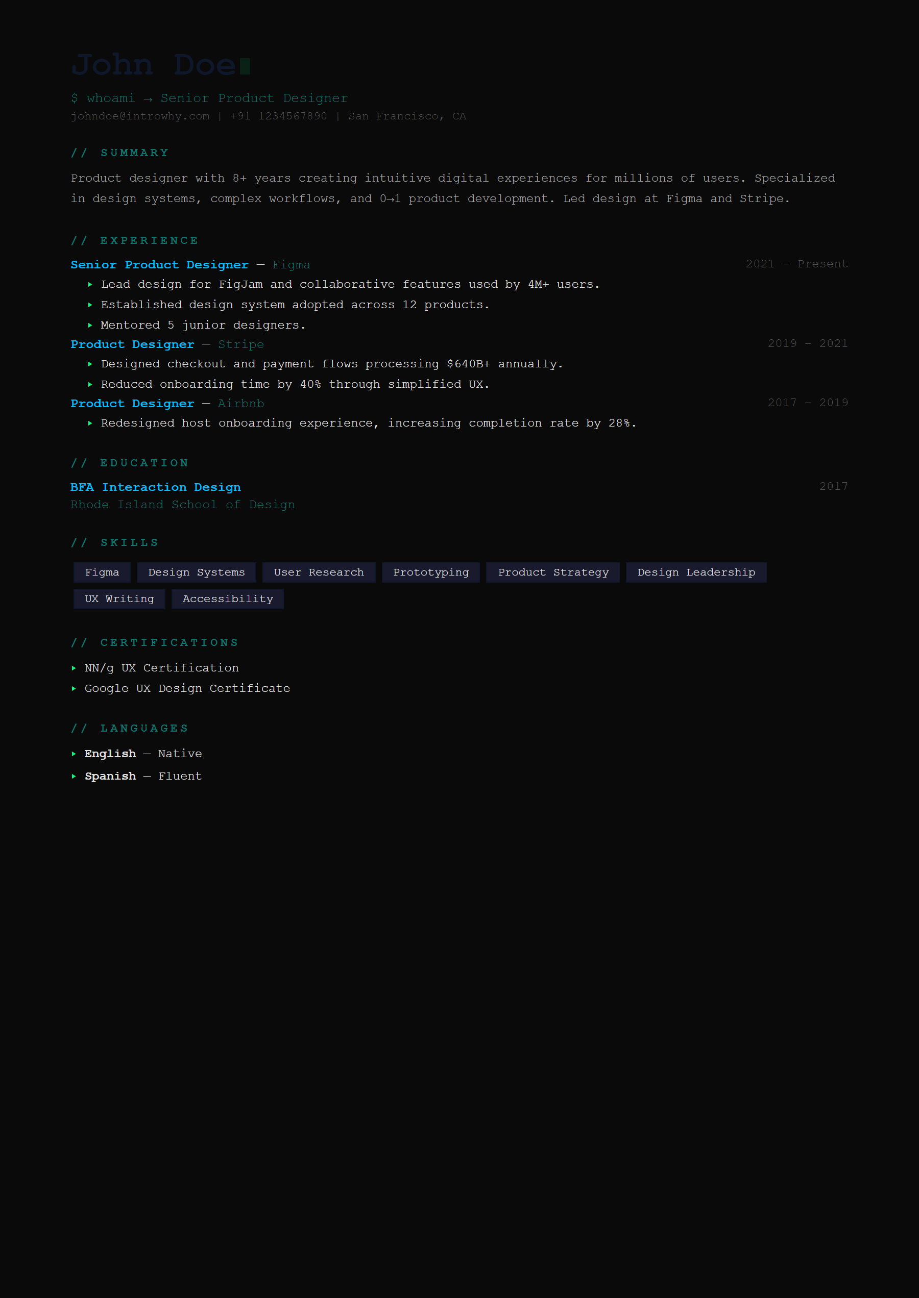 Neon Terminal resume template — full preview