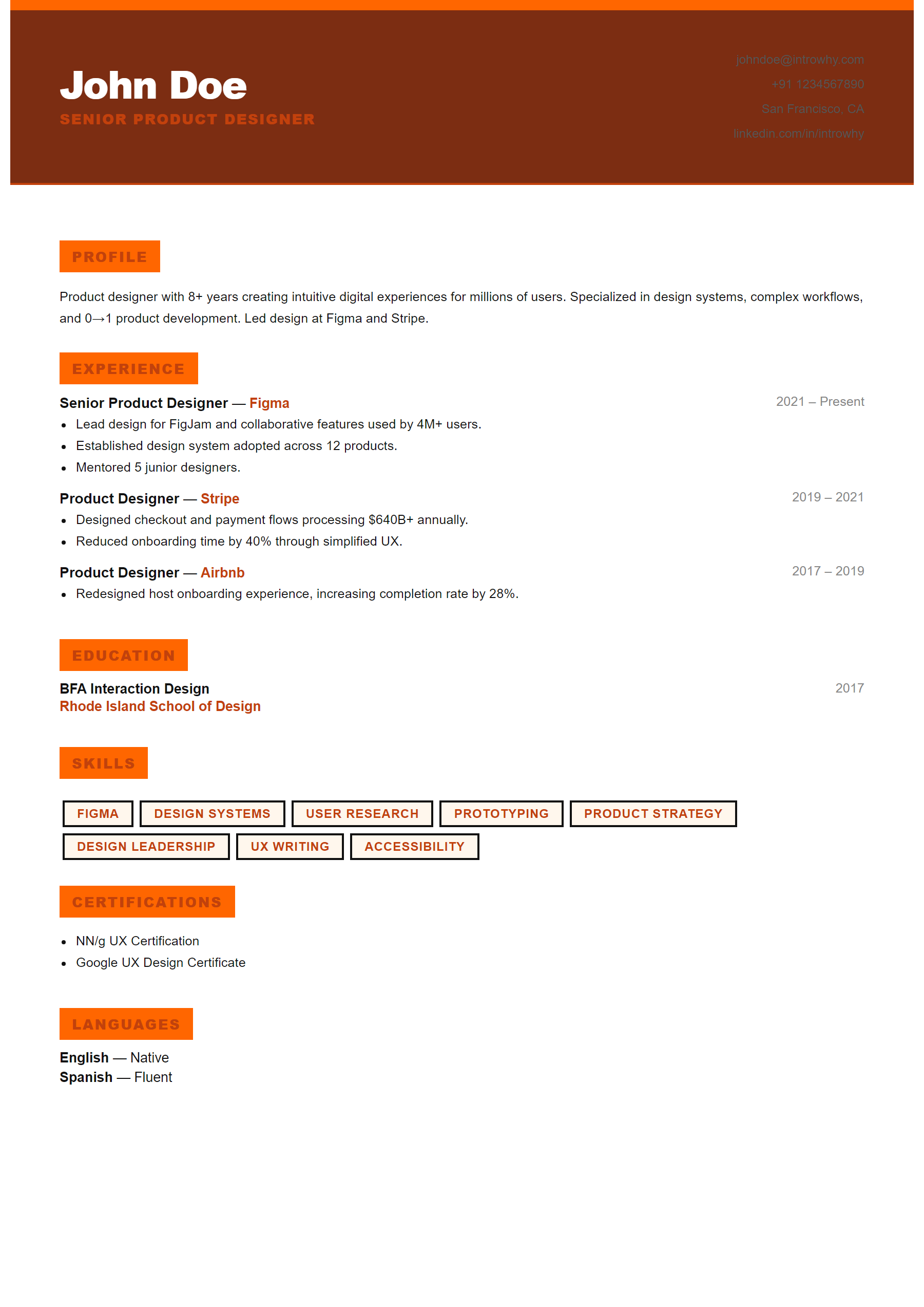 Bold Orange resume template — full preview
