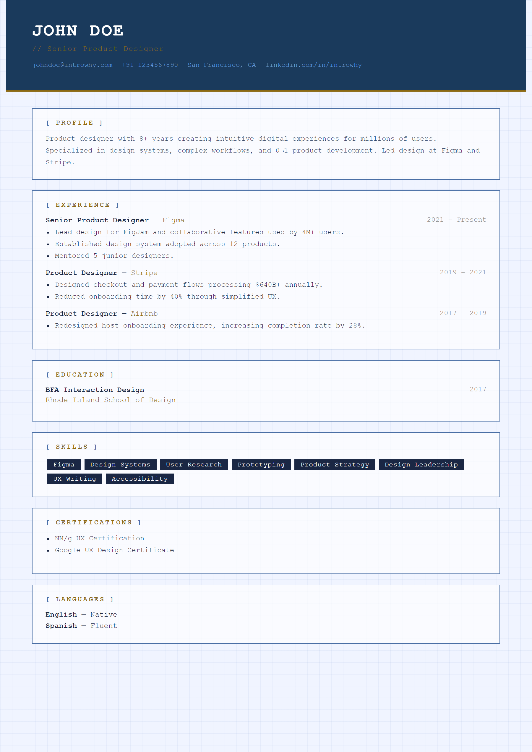 Blueprint Grid resume template — full preview