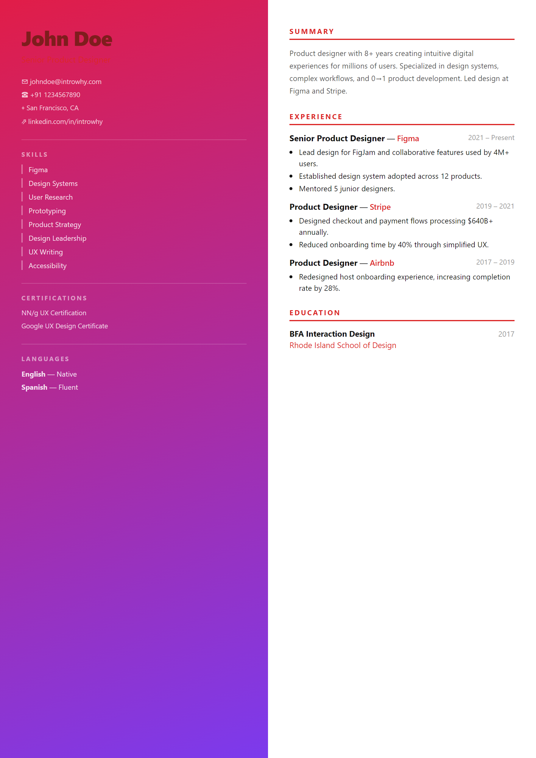 Vibrant Split resume template — full preview