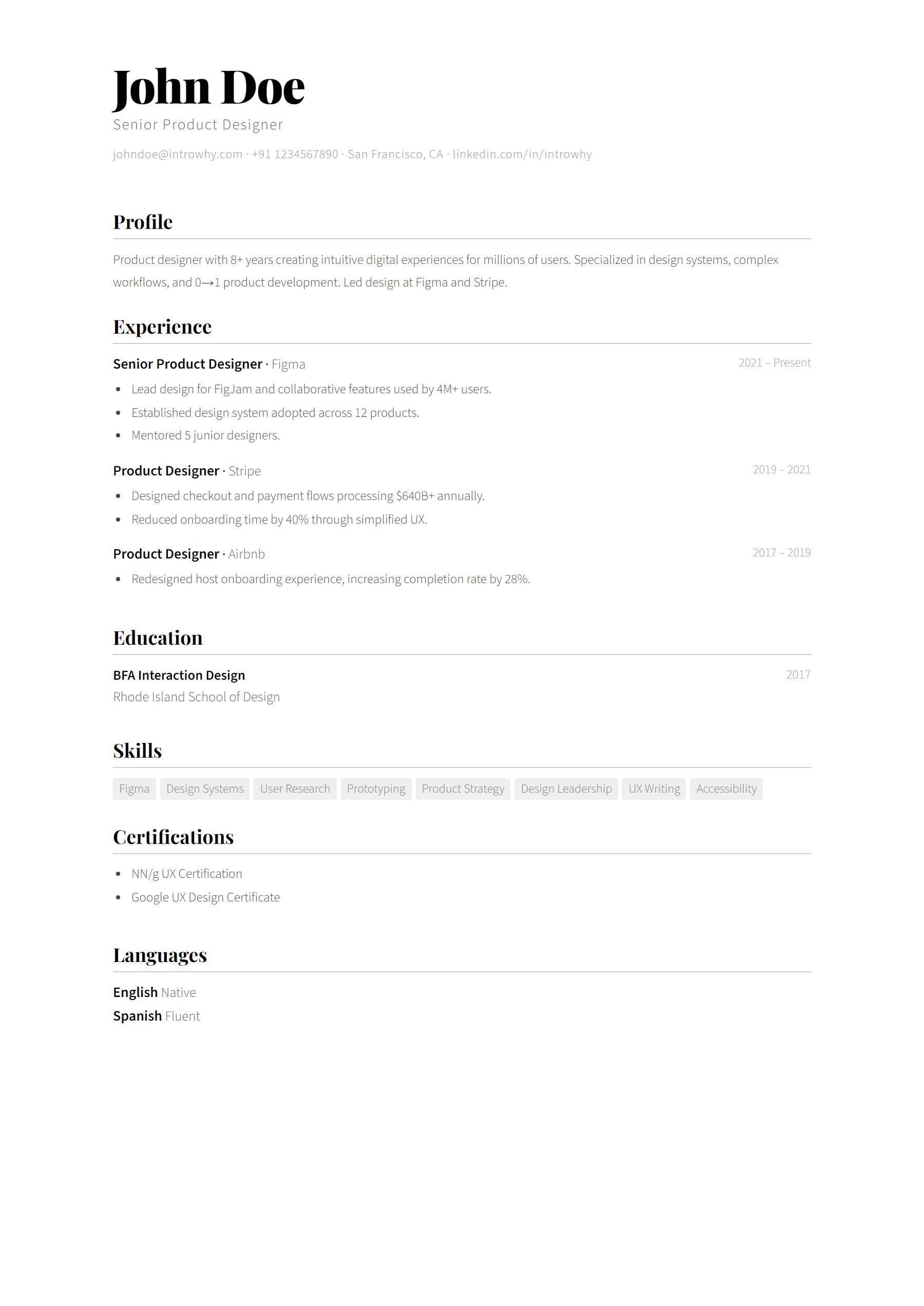 B&W Typography resume template — full preview