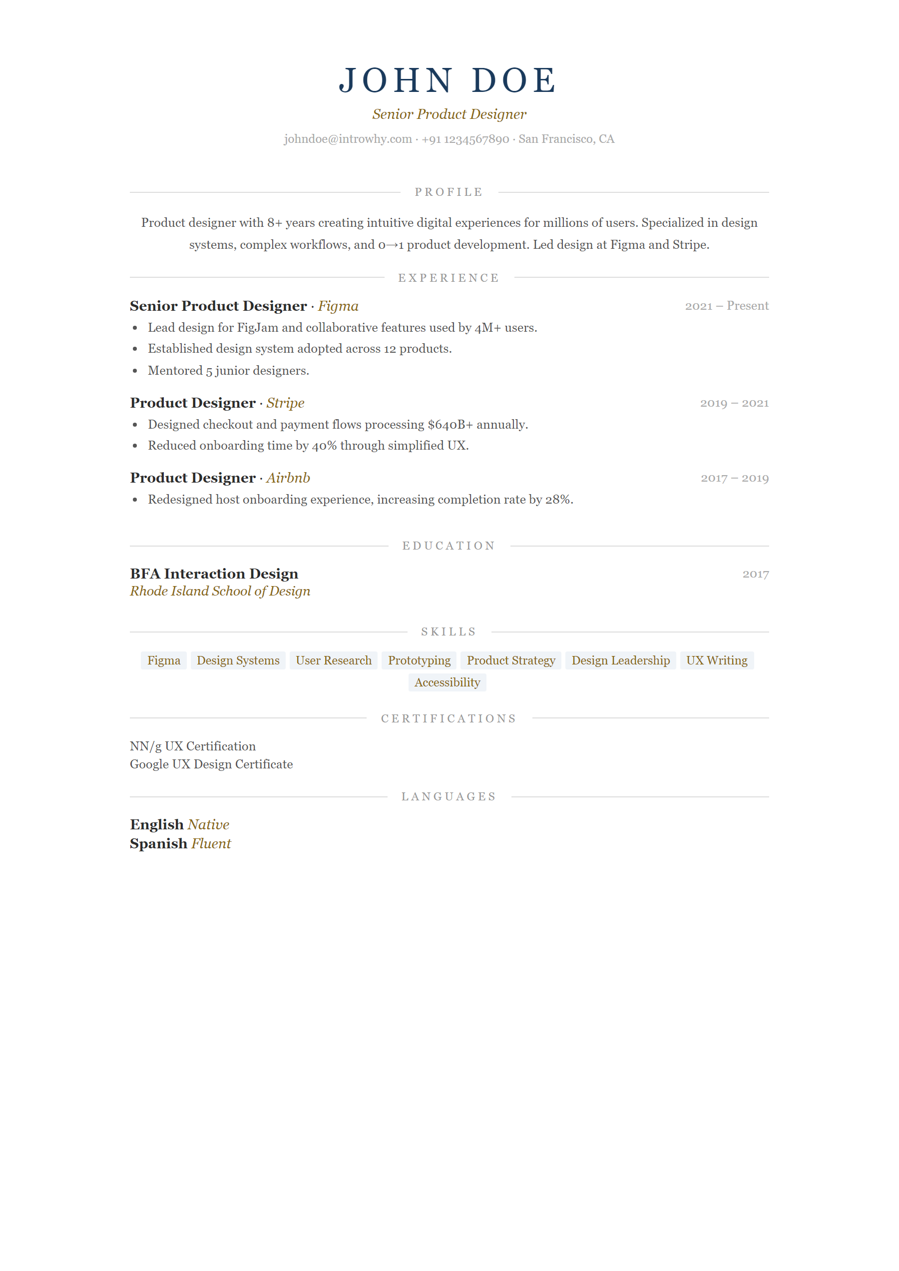 Centered Elegant resume template — full preview