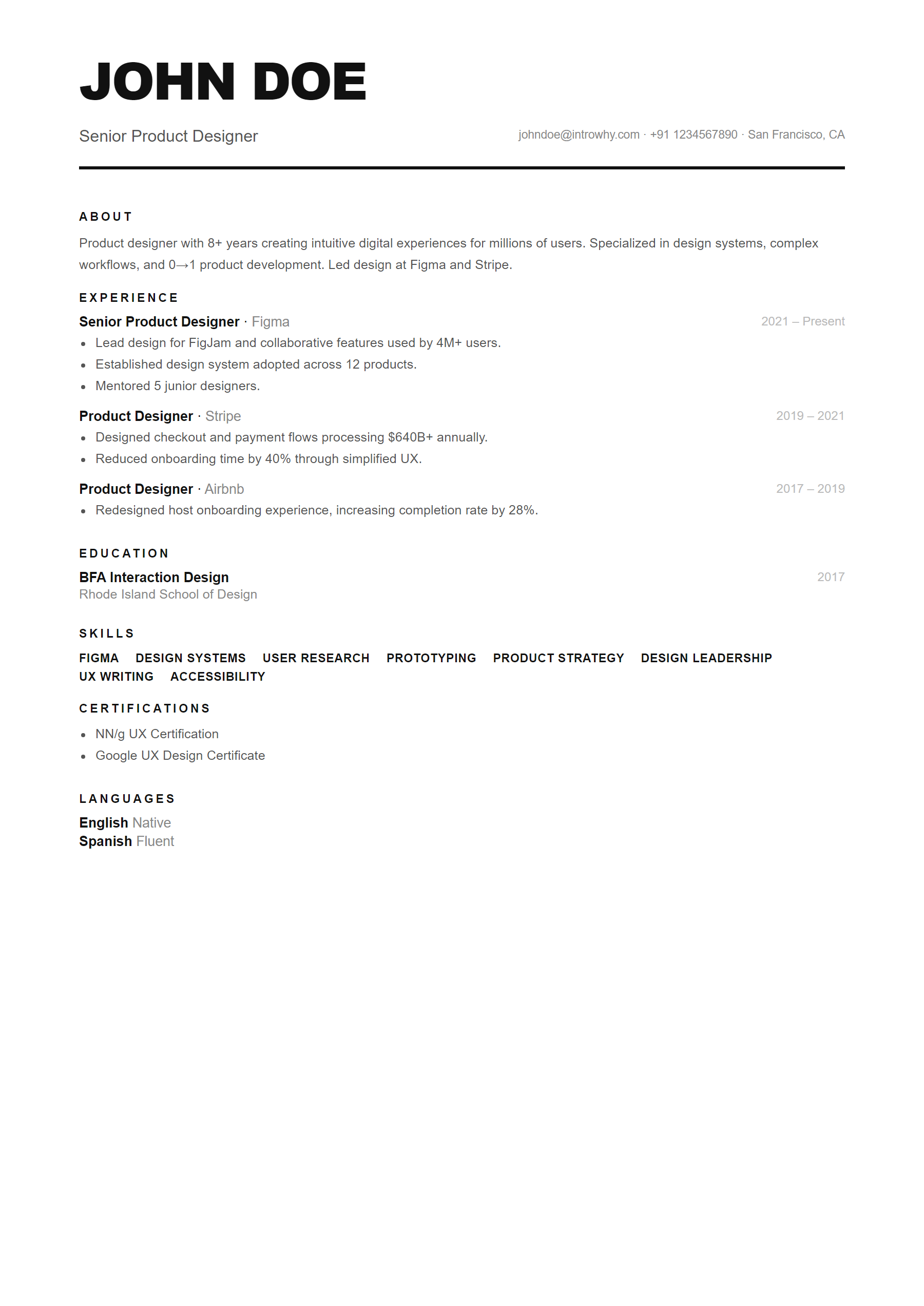 Large Name resume template — full preview