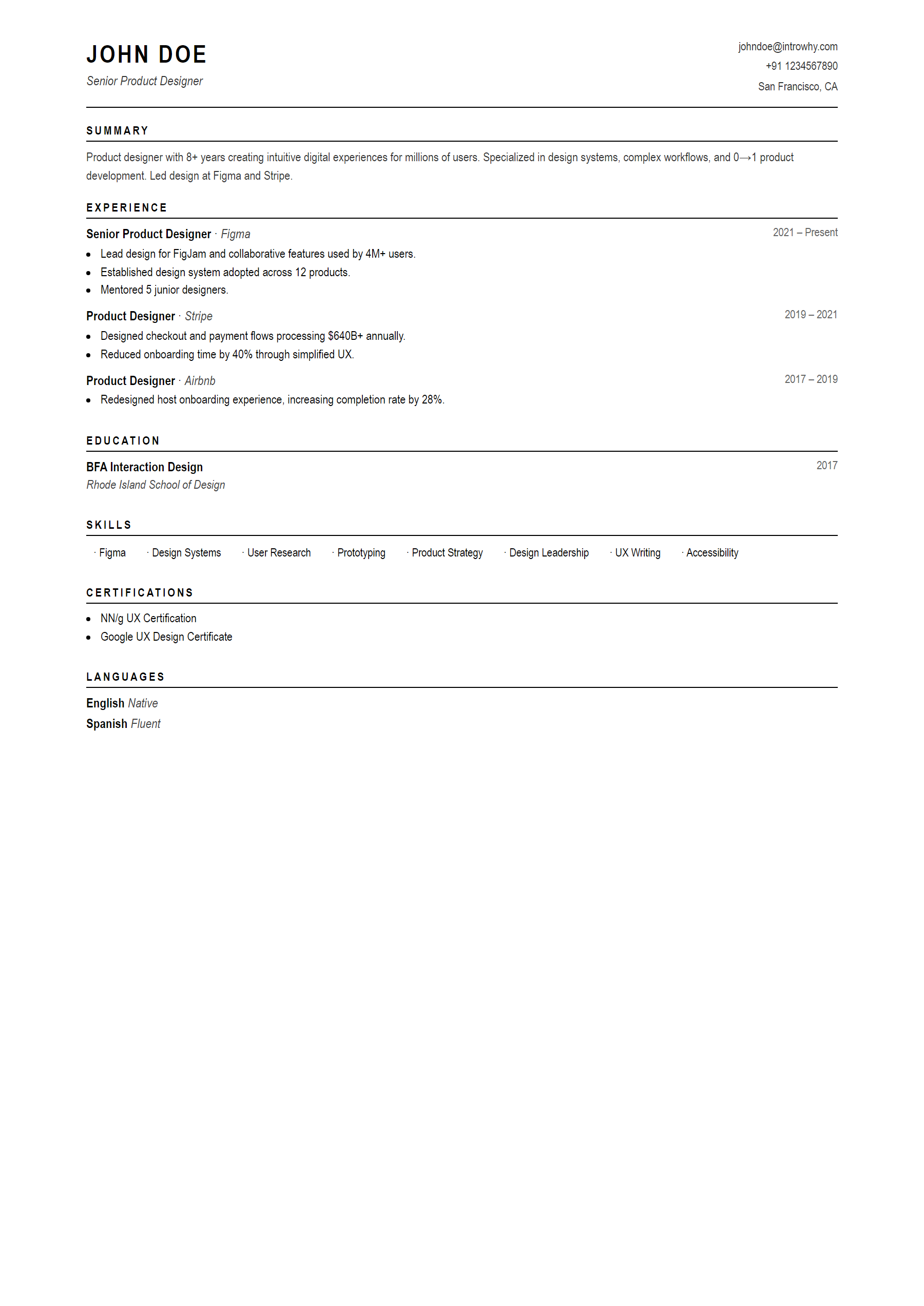 Monochrome Compact resume template — full preview
