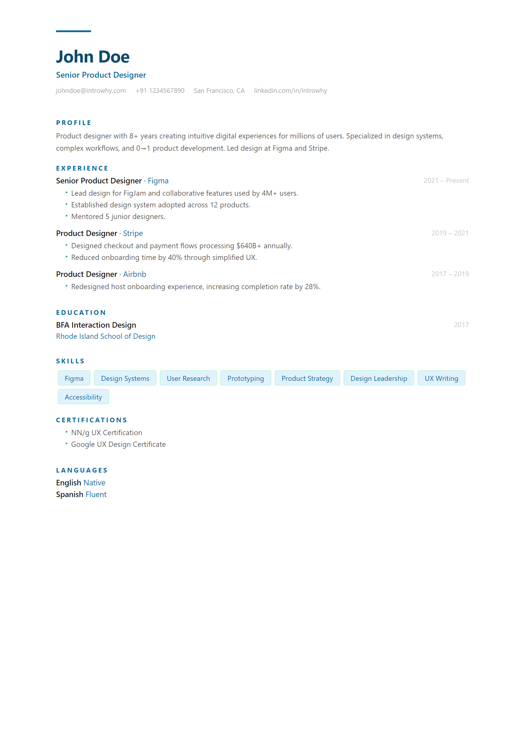 Single Accent resume template — full preview