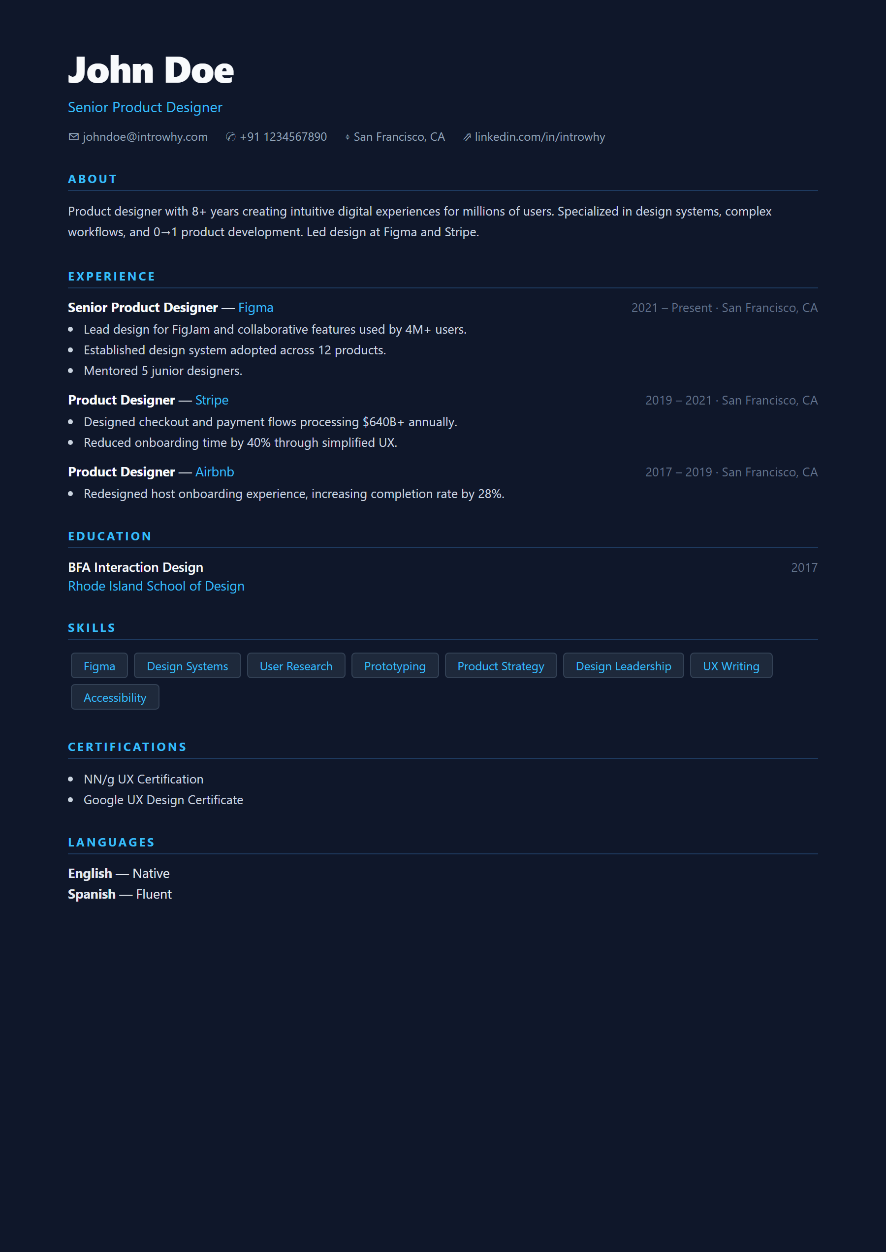 Dark Mode resume template — full preview