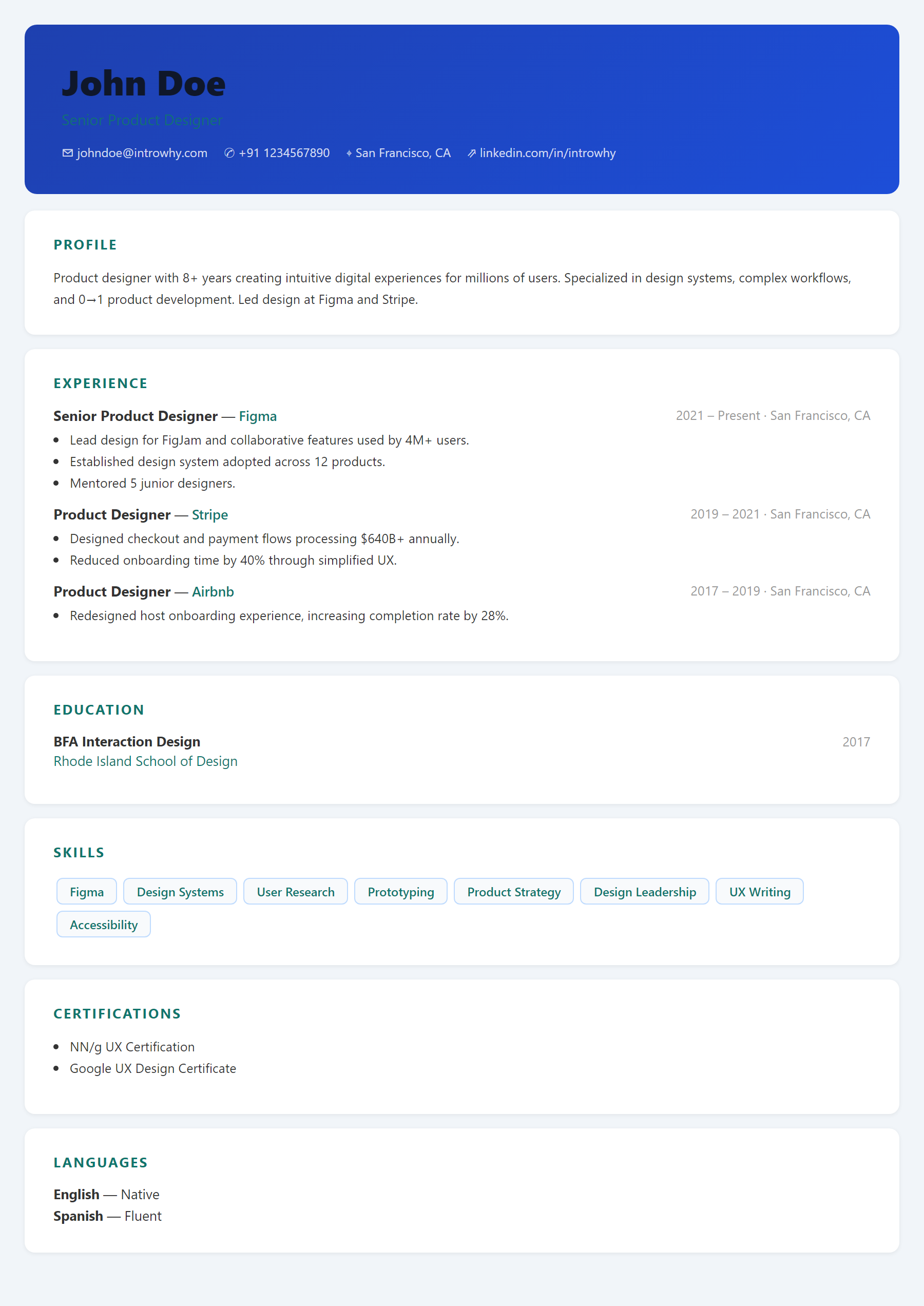 Card Layout resume template — full preview