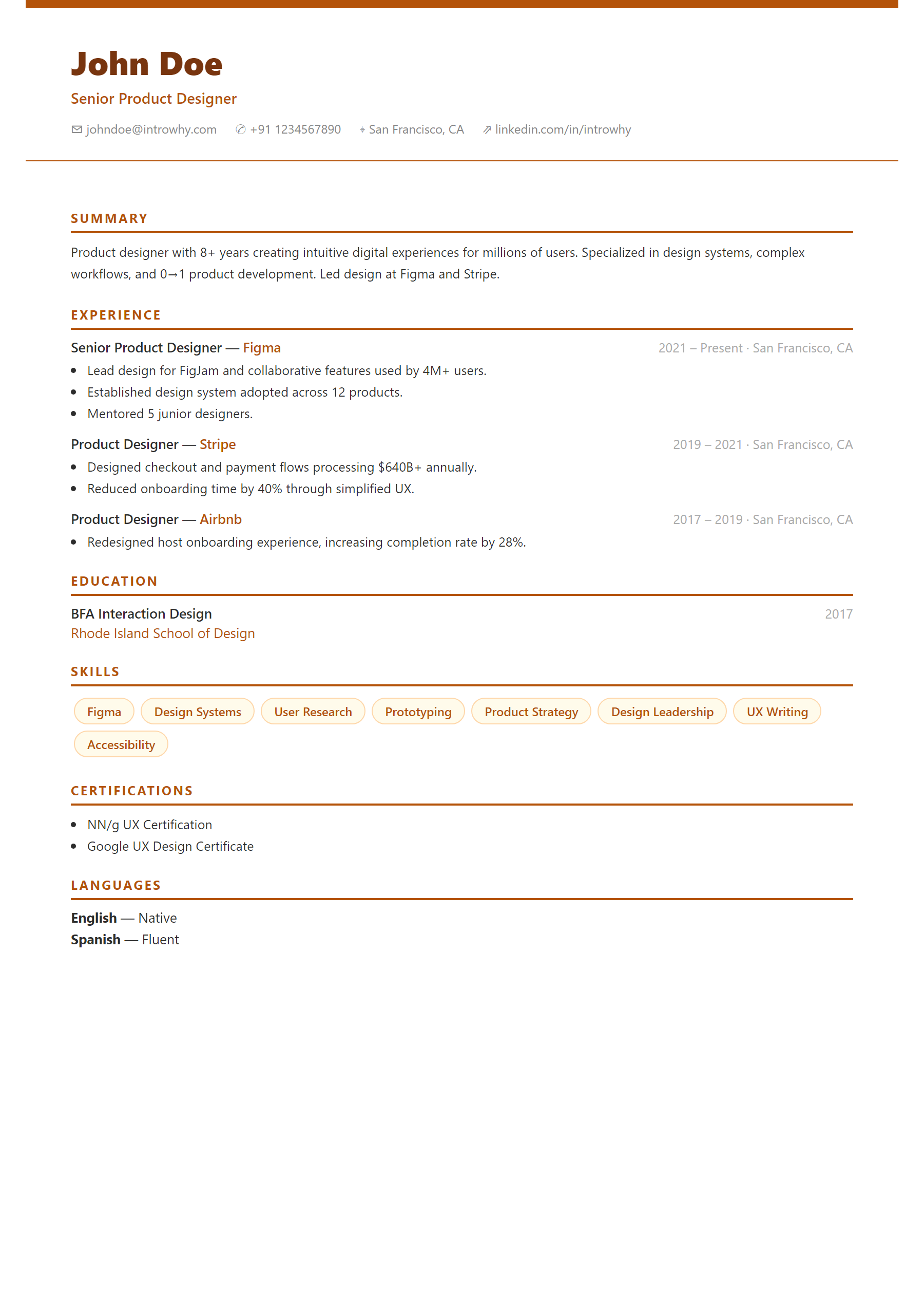 Coral Warm resume template — full preview