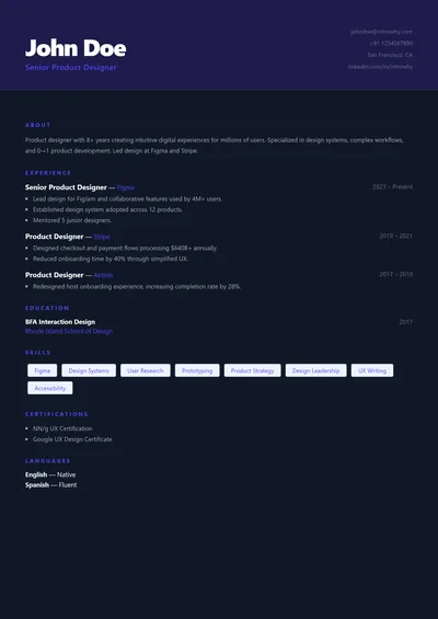 Portfolio Dark resume template preview