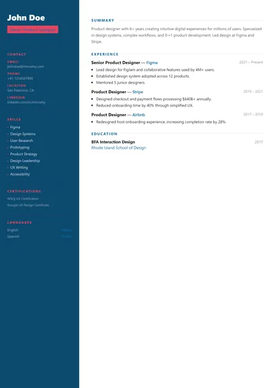 Color Block Left resume template preview