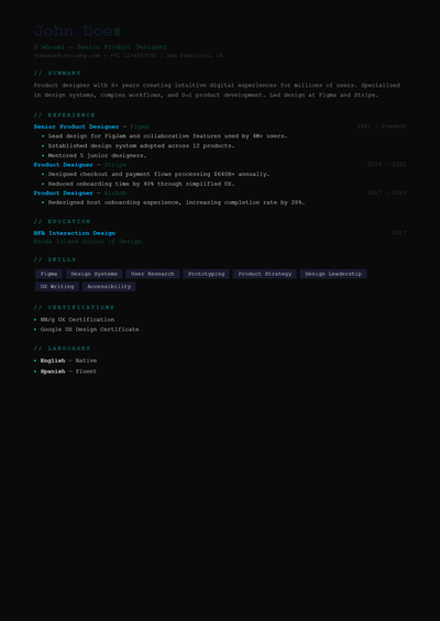 Neon Terminal resume template