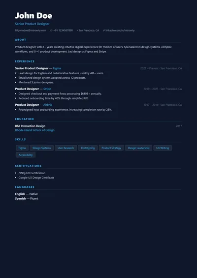 Dark Mode resume template preview