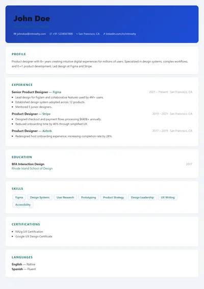 Card Layout resume template preview