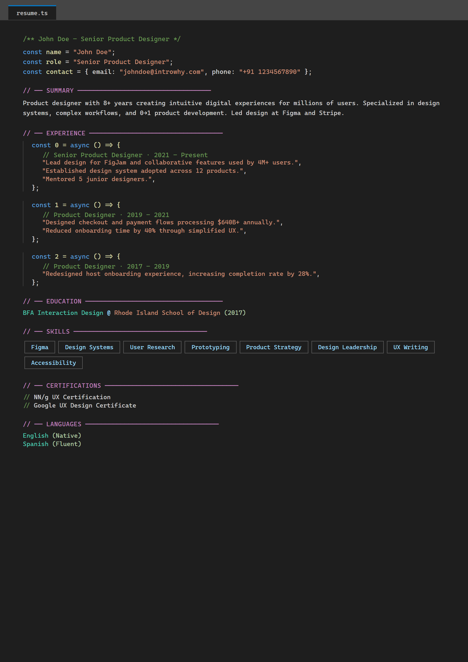 Developer / Coder resume template — full preview