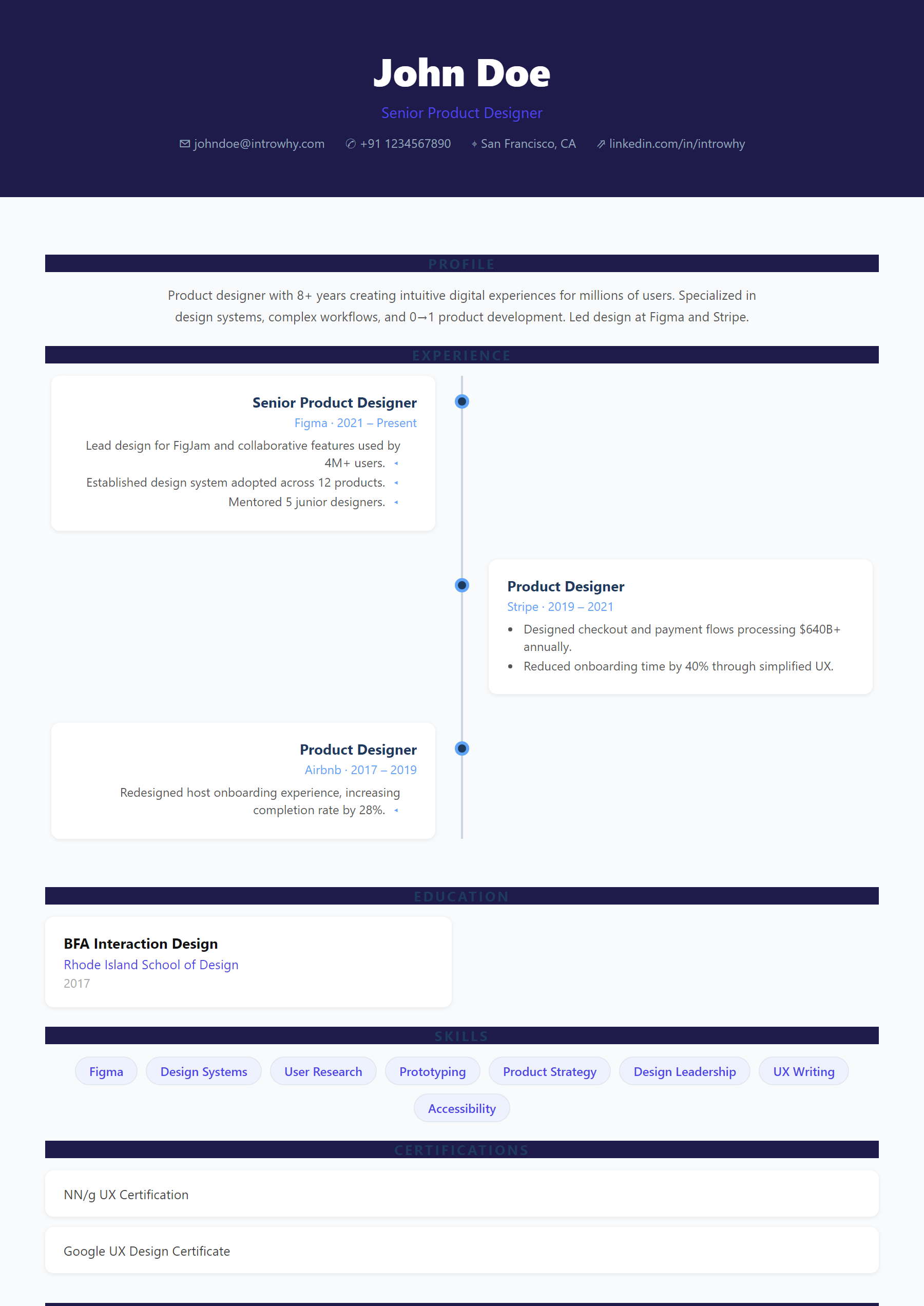 Timeline Visual resume template — full preview