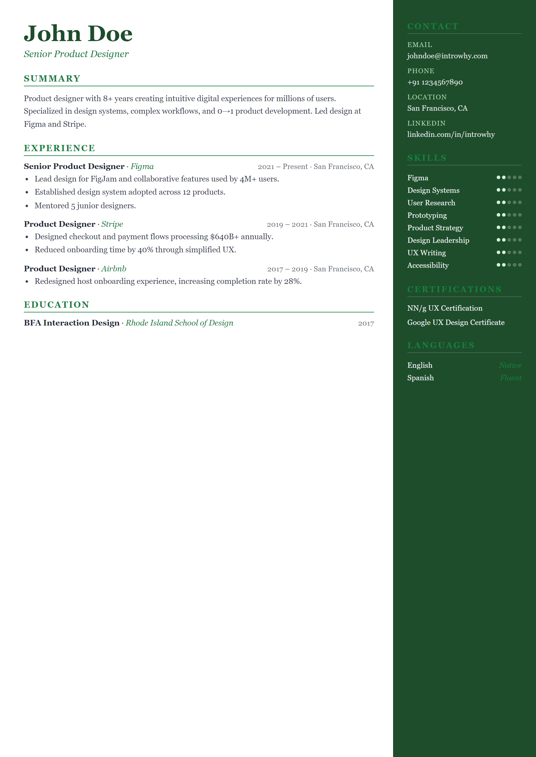 Sidebar Right resume template — full preview